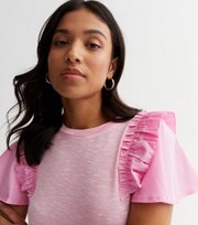 New Look Petite Pink Fine Knit Frill Poplin Sleeve T-Shirt